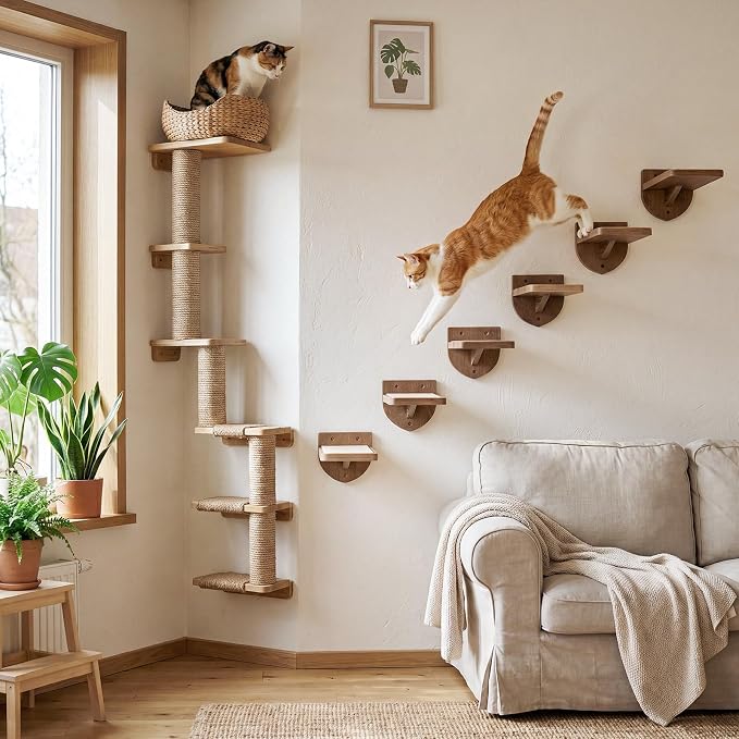 SiliFine Set of 6 Dark Brown Cat Wall Stairs, Climbing Steps, Cat Wall Shelves Perch with Fixtures and Felt 8.7"x4.7" Stairs Natural Birch Wooden | Floating Steps for Playing Climbing - Image 7