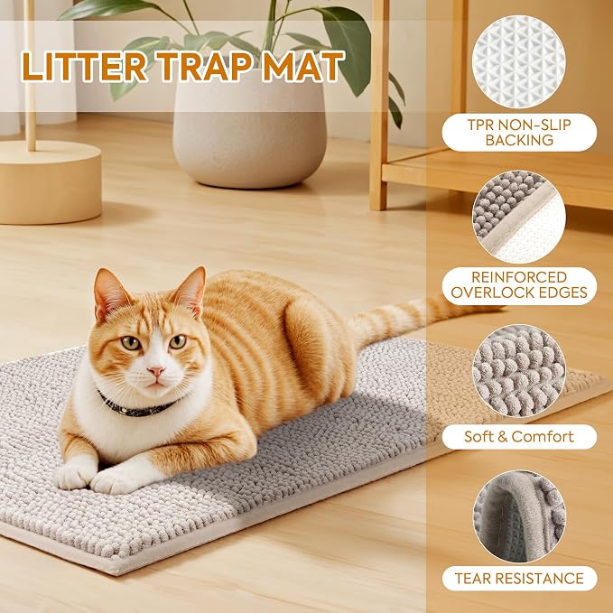 Pieviev Chenille Cat Litter Mat for Litter Box, 28"x22" Soft Ultra Absorbent Mat, Waterproof & Non-Slip, Easy to Clean Litter Trapping Mat for Indoor Cats, Gray (Pack of 2) - Image 3