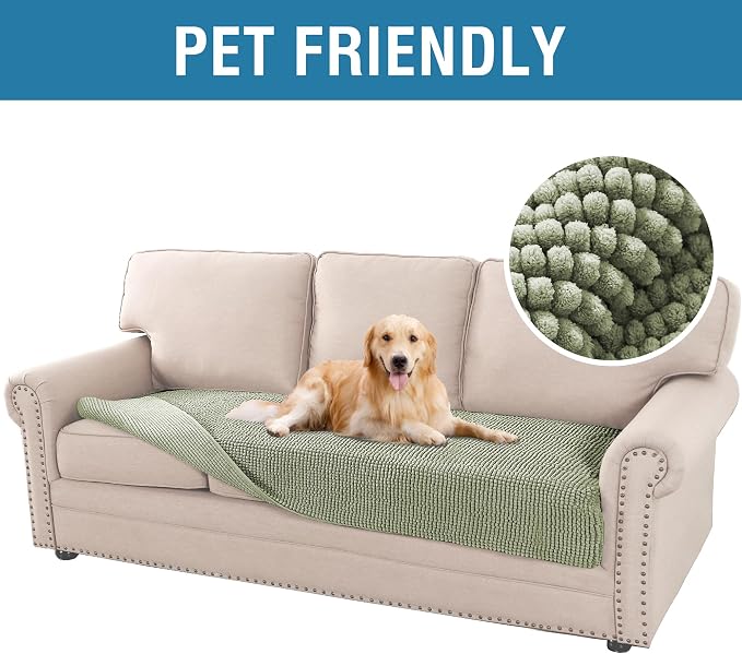H.VERSAILTEX Plush Chenille Dog Bed Cover Thick Soft Sofa Cover for 3 Cushion Couch Anti Slip Couch Cover Furniture Protector for Dog, Pet, Cat (35" x 74", Sage) - Image 3