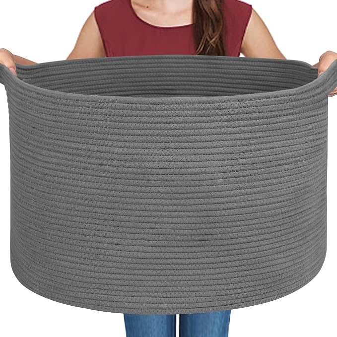MEGASKET Large Dark Grey Storage Basket, Woven Cotton Rope Baskets for Storage, Big Blanket Organizer Storage Basket for Living Room, Kids Room Toy Storage Organizer Box, Blanket Keeper (22"x14") by MEGASKET