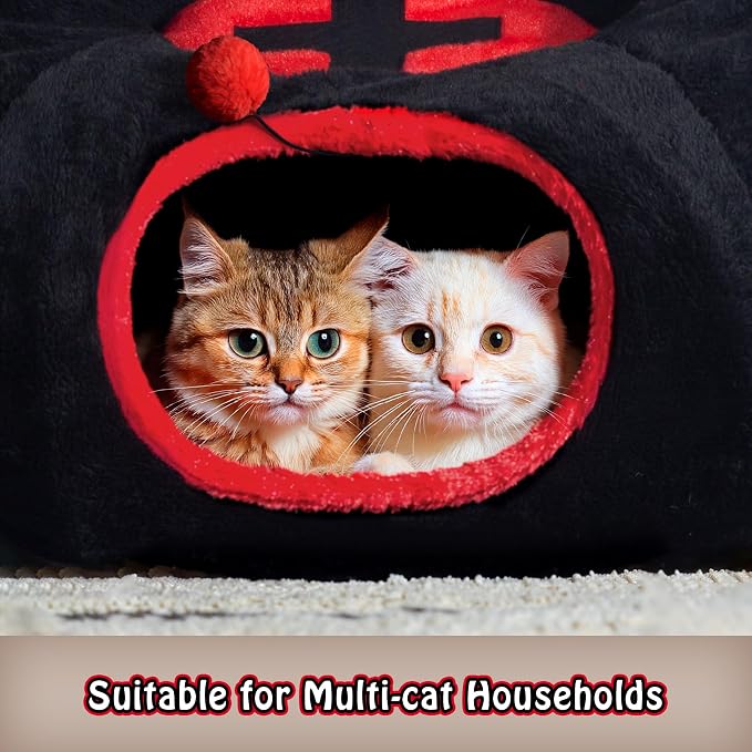 Gothic Coffin Tunnel Cat Bed, Washable, Fits Cat up to 25 lbs | Two-way tunnel design. Size: 10"x33.5". Black & Red. Includes soft washable cushion. Also for small rabbits indoor. - Image 3