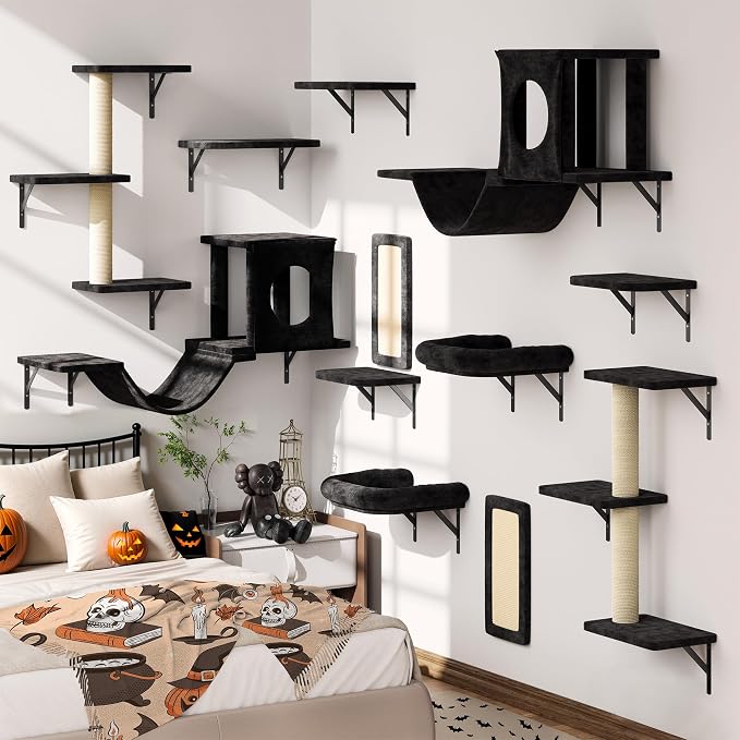 12-in-1 Cat Wall Shelves, Luxury Wall-Mounted Cat Climber Set | with Condos House, Scratching Post, Bridge Ladder, Indoor Space-Saving Furniture for Kittens, Black by NUNULAB