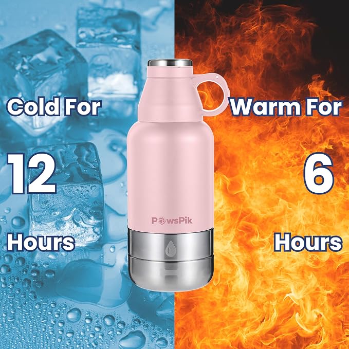 PawsPik 3-in-1 Travel Dog Water Bottle & Bowl Set, 32oz, Pink | Stainless Steel Vacuum-Insulated Bottle with Detachable Food & Water Bowls, Leak-Proof, Keeps Water Cold 12hrs/Hot 6hrs - Image 3