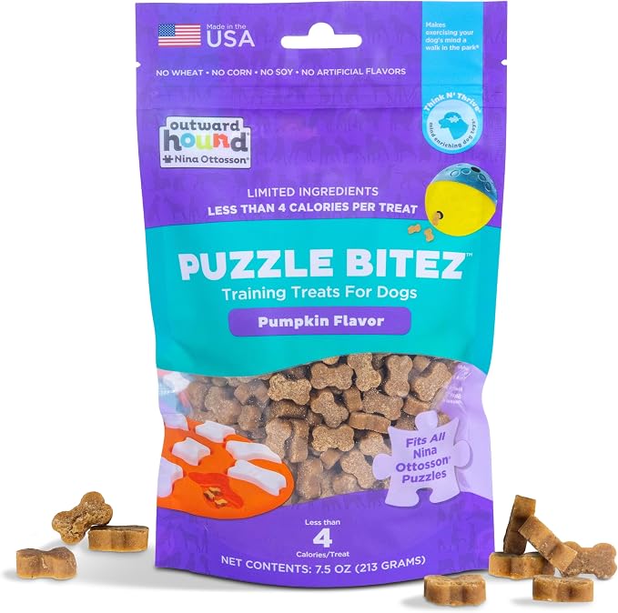 Outward Hound Nina Ottosson Puzzle Bitez Dog Treats, Pumpkin, 7.5 oz | USA Made, Healthy Bite-Sized Treats for Training Reward & Interactive Puzzle Toys, No Artificial Additives, Dogs & Puppies by OutwardHound