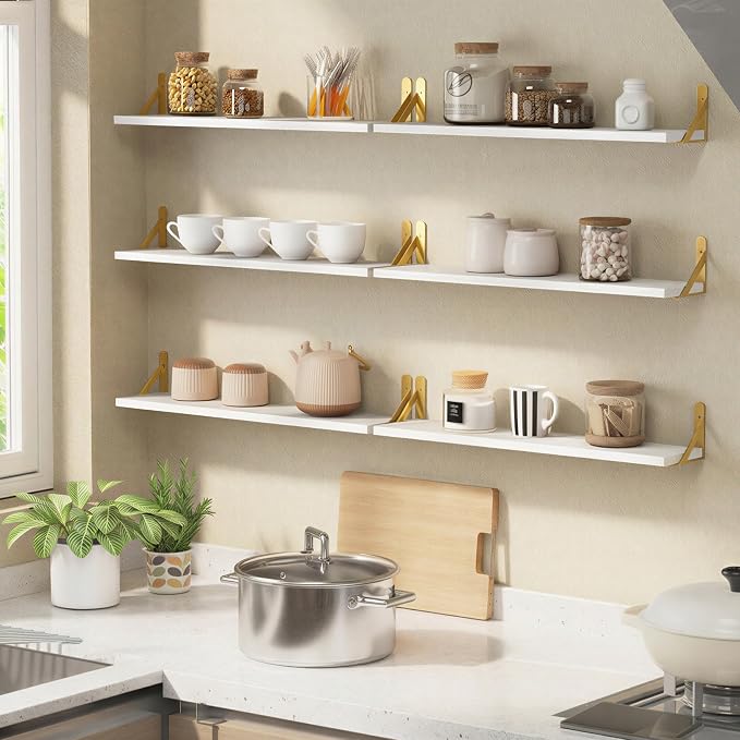 YGEOMER 23.6in Floating Shelves for Wall Home Decor, Wood, White, Set of 6 | Rustic wood shelves with metal brackets. Space-saving for books & decor. Works in bathroom, kitchen, living room & bedroom. - Image 5