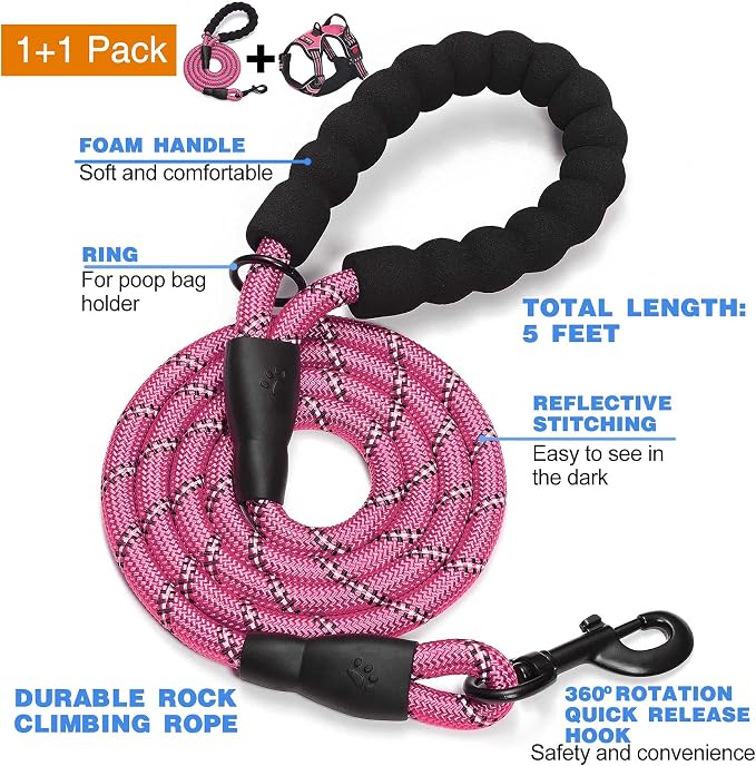 tobeDRI No Pull Dog Harness Adjustable Reflective Oxford Easy Control Medium Large Dog Harness with A Free Heavy Duty 5ft Dog Leash, Pink, XL - Image 2