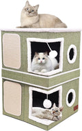 2-Story Cat House for Indoor Cats, Dual-Purpose Cave Bed with Scratch Pad and Fluffy Ball, Foldable Cat Hideaway, Cute Condo Furniture for Multi Small Pet Kitten, Green by Unknown