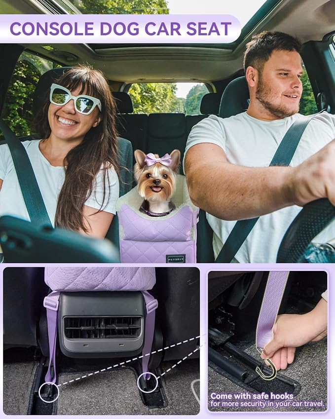PETSFIT Cat Car Seat with Dual Adjustable Seat-Rail Anchor Hooks | Anti-Collapse Leather Dog Console Car Seat with Safety Tether, Washable Cushion, Soft Pillow for Pets Under 8 lbs, Purple - Image 2