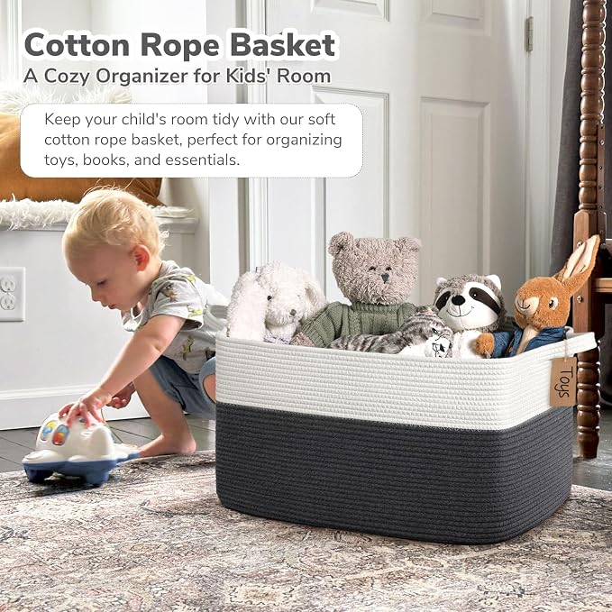 Goodpick 75L Extra Large Woven Rope Blanket Basket, Rectangle, Dark Gray | 22" × 17" × 12" Decorative Storage Basket for Blankets, Toys & Clothes, Fits Living Room, Bedroom & Nursery Organization - Image 2