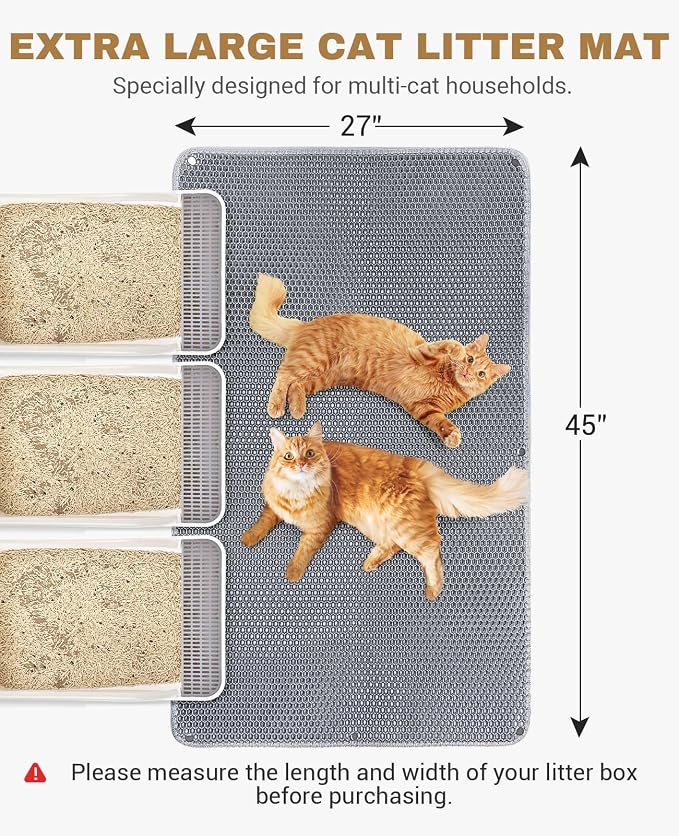 Fostanfly Cat Litter Mat, Machine Washable, Extra Large XL 45"x27", Gray | Cat Litter Trapping Mat, Urine & Waterproof, Double Layer Design, Honeycomb Scatter Control- Easy Clean for Floor - Image 2
