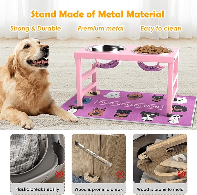 Raised Dog Bowl Stand 10 Inch Tall, Elevated Pet Feeder with 2 Stainless Steel Bowls (1700ml/58oz) & Anti-Spill Silicone Mat for Large Dogs, Stable Metal Frame Feeding Station, Pink - Image 5