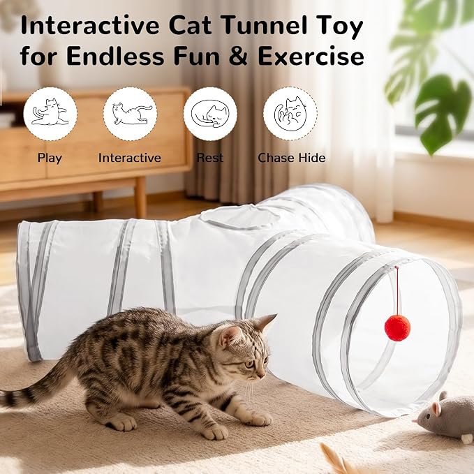 Tempcore Cat Tunnel for Indoor Cats, 3 Way Collapsible Pet Play Tunnel with Teaser Wand, Peek Holes & Hanging Ball, Interactive Tube for Kittens & Rabbits, White & Light Grey - Image 2