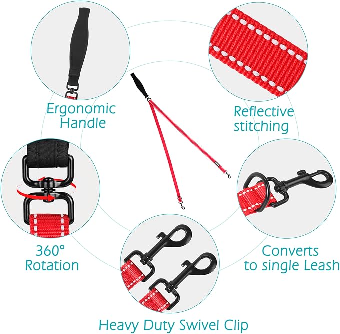 PetBonus Two Point Control Dog Leash, No Tangle Training Walking Leashes | Soft Padded Handle, Reflective, Works with No Pull Harnesses, Converts to Single Lead for Medium Large Dogs, Red - Image 3