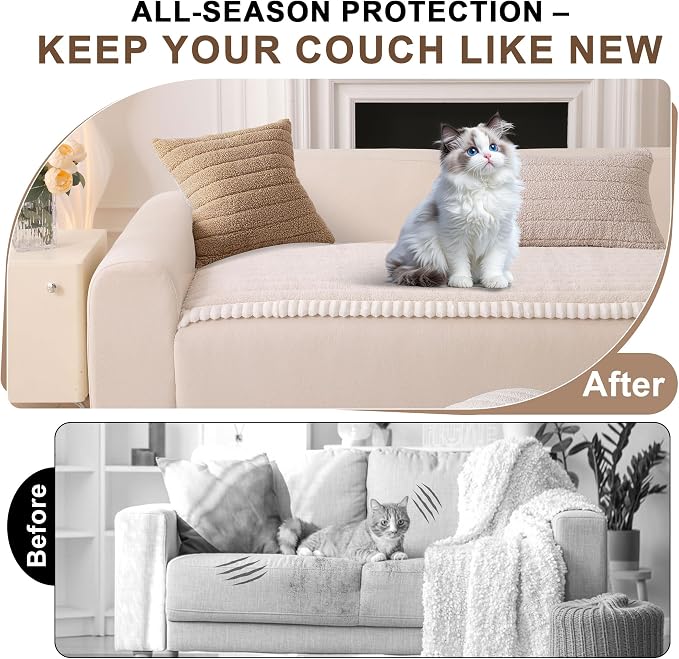 OTOB Sofa Covers for 3 Cushion Couch Washable, All Seasons Fuzzy Non Slip Kids & Pet Friendly Dog Bed Mats Couch Cover, Soft Plush Sofa Slipcovers Furniture Protector (Beige, 27.6" x 70.9'') - Image 3