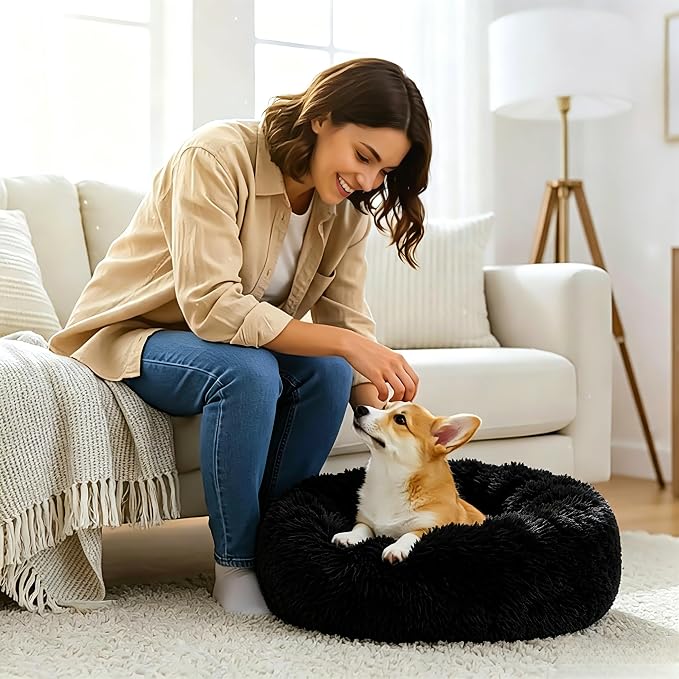 Calming Donut Dog and Cat Bed for Indoor Cats, Anti-Anxiety Round Fluffy Soft Washable Small Pet Bed for Puppy and Kitten, Warming Comfortable Luxury Anti-Slip Waterproof Mute Base 20in Black - Image 6