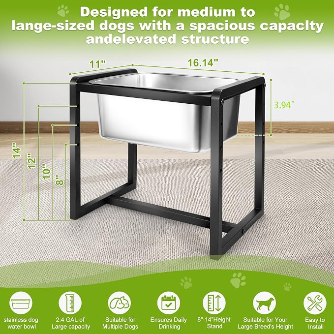 Adjustable Height Elevated Large Dog Water Bowls with Stainless Steel Bowls and Metal Stand，4-Level (8/10/12/14 Inches) Pet Bowl for Dogs for Large Medium Dogs - Durable, Easy to Clean (2gallon) - Image 3