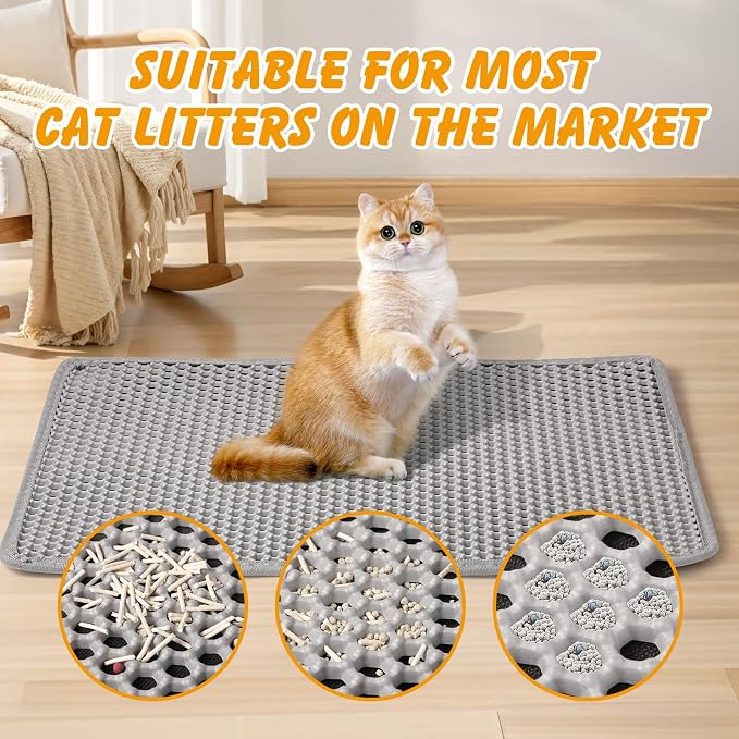 ondware Cat Litter Mat 30 x 24 in, Double Layer, Waterproof, Gray | Honeycomb EVA mat, traps litter, urine-proof non-slip backing, soft on paws, easy shake-off or rinse clean - Image 7