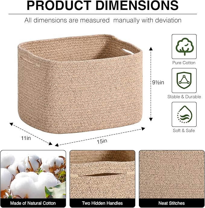 ICERZCZ Woven Cotton Rope Storage Basket for Organizing, Cute Decorative Baskets for Gifts Empty, Organizer Bins for Dog Toy, Baby Laundry, 15“×11”×9.5“, Brown - Image 2