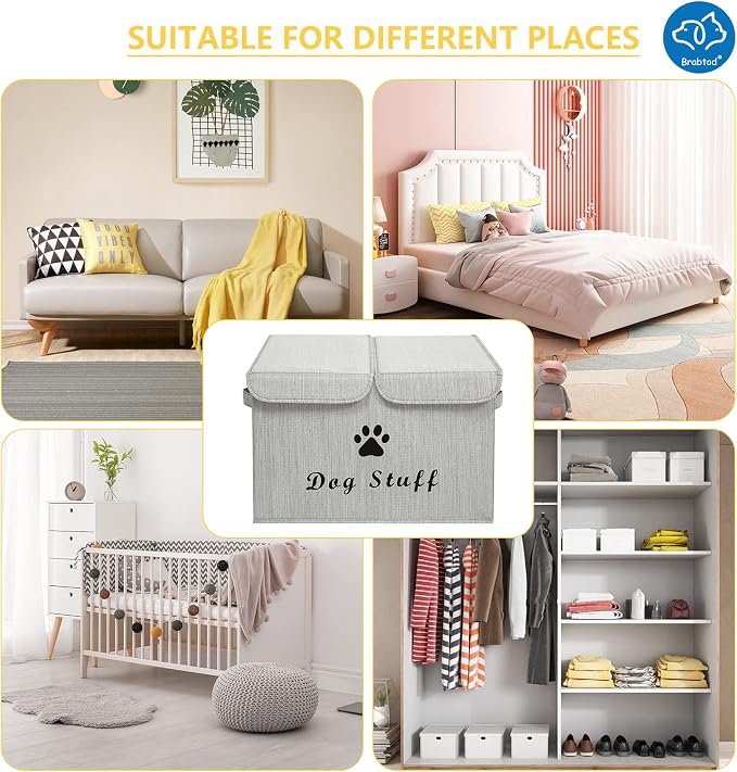 Large Dog Toys Storage Box Canvas Storage Basket Bin Organizer with Lid - Collapsible Linen Bin Ideal for Organizing Dog Cat Toys and pet Stuff-PP Boad-17" x 12" x 10" - Slub Gray - Image 3