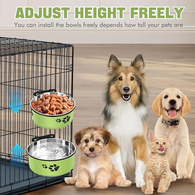 Dog Crate Water Bowl, 54oz & 34oz No Spill Crate Food and Water Bowl | Stainless Steel Kennel Bowls Mountable for Medium and Large Dogs, Cats and Pets, Set of 2, Green (7.1x2.9” & 6.2x2.6”) - Image 3