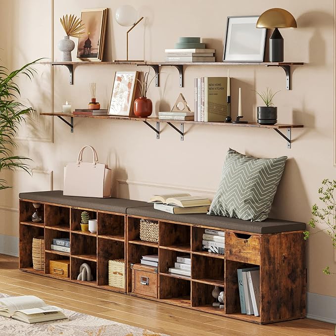 Long Wall Shelves, 39.4Inch Wooden Wall Mounted Shelves, Set of 4 | Large Floating Book Shelf, Metal Brackets, Easy Assembly, Max Load 33lbs, Wall Storage Ledges, Bedroom/Bathroom, Rustic Brown - Image 2