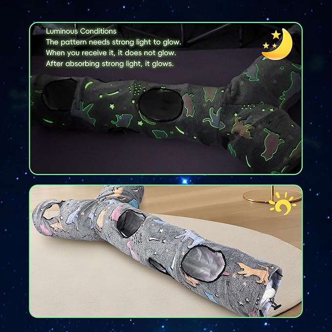 Cat Tunnels for Indoor Cats, Self-Luminous Cat Tunnel with Plush Ball, 3 Way Kitten Tunnel Collapsible, Cat Play Tunnel with Interactive Peephole for Large Cat, Puppy, Kitten - Image 2