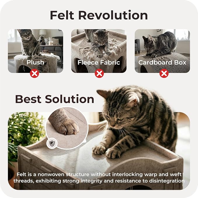 Cat Bed Cave for Indoor Cats: New Felt Cat Bed with Fluffy Ball, Foldable Cat House with Scratch-Resistant Board, Hideaway Cat Cave for Timid Cats, Sturdy Two-Tier Cat Condo & Cat Houses - Image 4