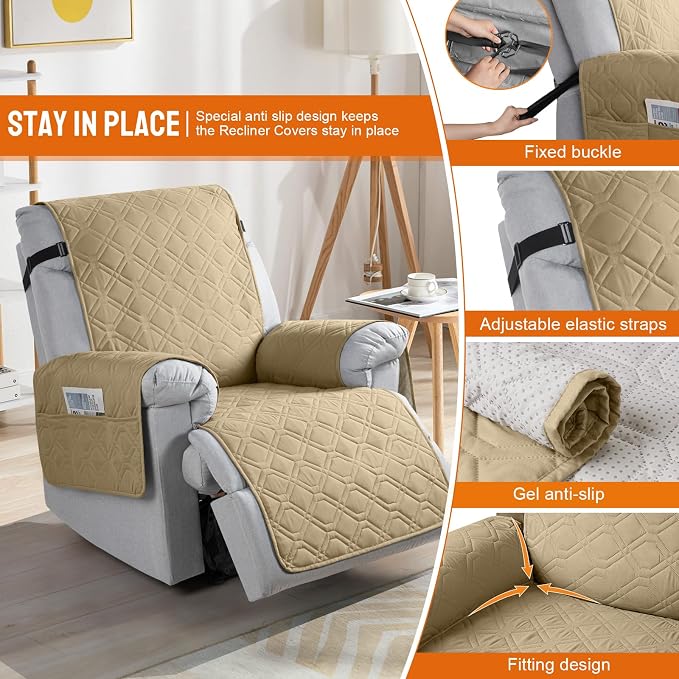 VANSOFY 100% Waterproof Recliner Chair Covers, Recliner Cover Non-Slip Dog Chair Cover Furniture Protector Washable Slipcover with Pocket, Elastic Straps for Pets, Dogs(Sand, 28") | Non-Slip, Slipcover with Pocket, Furniture Protector, Elastic Straps, ... - Image 2
