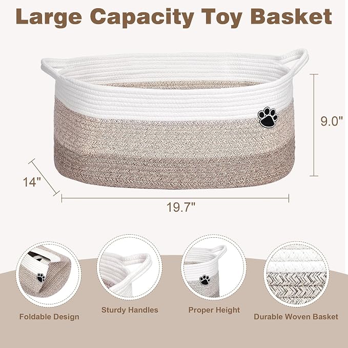 Optish 40L Extra Larg Dog Toy Basket, Woven Rope Storage Basket,White-Brown | 20" x 14" x 9" XL Toy Storage Box and Bin with Handles for Living Room, Bedroom Organization, Foldable, Durable, Home Decor - Image 3
