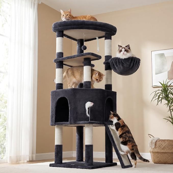 Cat Tree, 61 Inch Tall Cat Tower, Diamond-Shaped Cat Cave VCT001G | Cat Condo with Wide Top Perch & Basket, Sturdy Scratching Post, Interactive Toy for Large Indoor Cats, Smoky Gray - Image 9