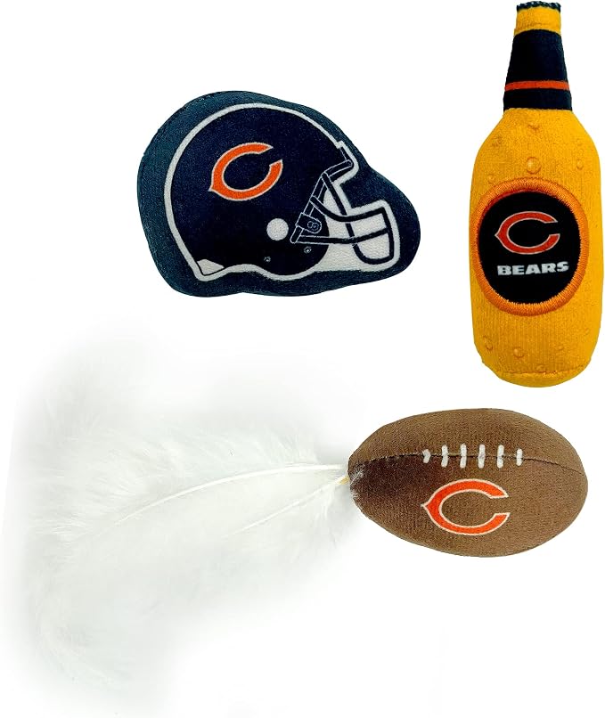 Best Plush CAT Toy - NFL Chicago Bears Complete Set of 3 piece Cat Toys Filled with Fresh Catnip. Includes: 1 Helmet Cat Toy, 1 Football Cat Toy with Feathers & 1 Beer Bottle. Beautiful Team Logos - Image 2