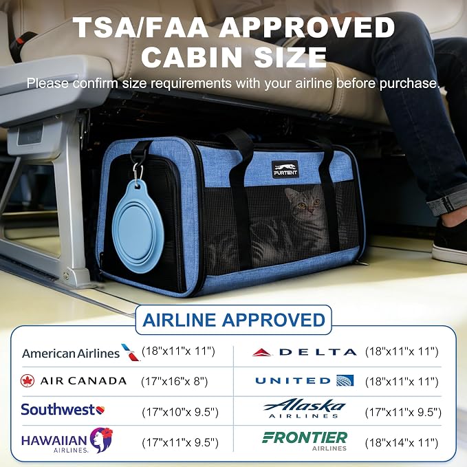 Pet Carrier Airline Approved, Soft Sided Cat Carrier for Small Pets up to 13 lbs, TSA Approved Dog Travel Bag, Portable Soft Sided Pet Carrier for Kittens and Puppies (Blue, Folding Bowl) - Image 2