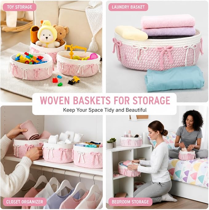 Geelin 3 Pcs Pink Basket for Gifts, Bow Woven Rope Storage Organizer Bins | Coquette Bow Tassels Design, Woven Rope Material, Organizer for Nursery Toys Laundry Hamper Shelf Decor, 11.8"x7.8"x4.7" - Image 6