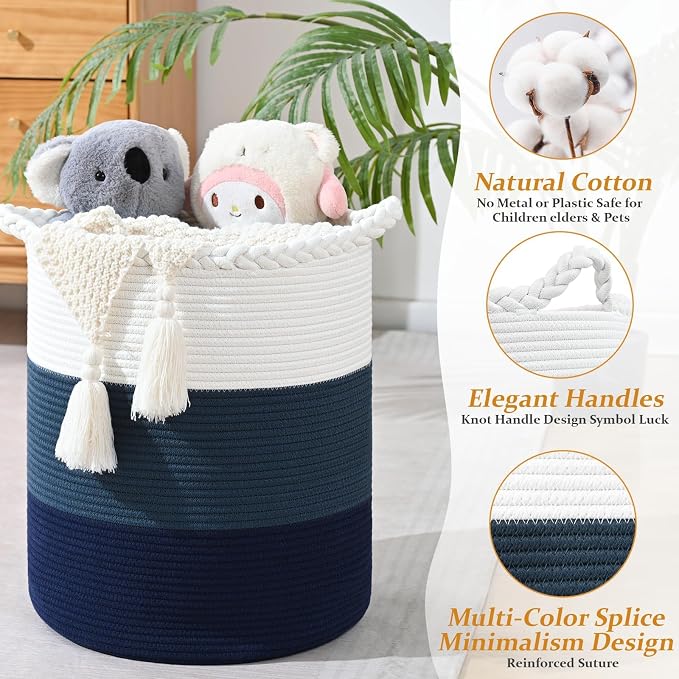 Laundry Hamper for Organizing, 52L Large Laundry Baskets, Cotton Rope Woven Blanket Basket, Collapsible Laundry Hamper for Living Room, Nursery, 15"×18", Dark Blue - Image 3