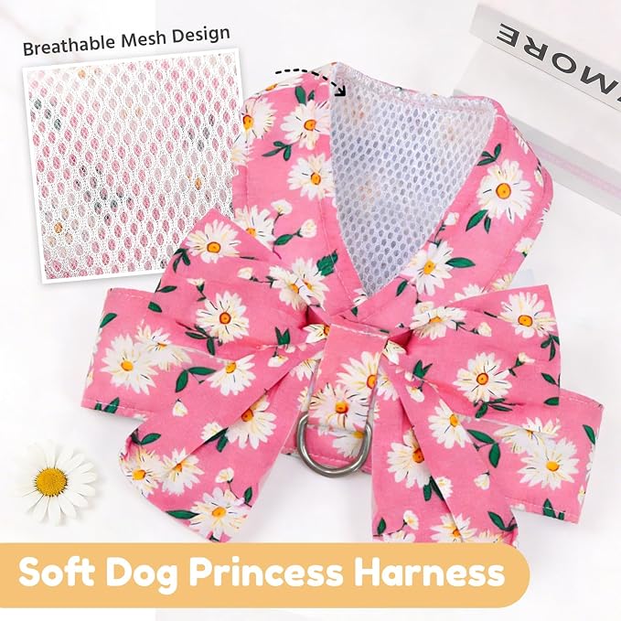 BAEJMJK Dog Harness and Leash Set with Bow Knot No Pull Pet Daisy Floral Harness with D-Ring Soft Mesh Dog Harness Vest Set Escape Proof Princess Puppy Harness for Small Girl Dogs Cats（Pink L） - Image 5
