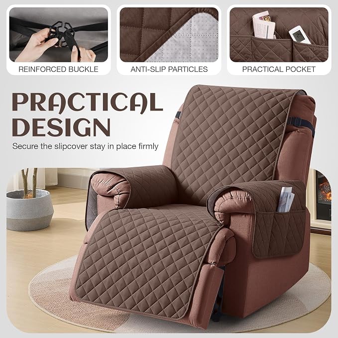 KinCam 100% Waterproof Recliner Chair Covers Washable, 23.6", Deep Brown | Anti Slip Reclining Couch Covers for Pets Dog, Recliner Sofa Slipcover Storage Pocket, Furniture Protector with Elastic Strap - Image 5