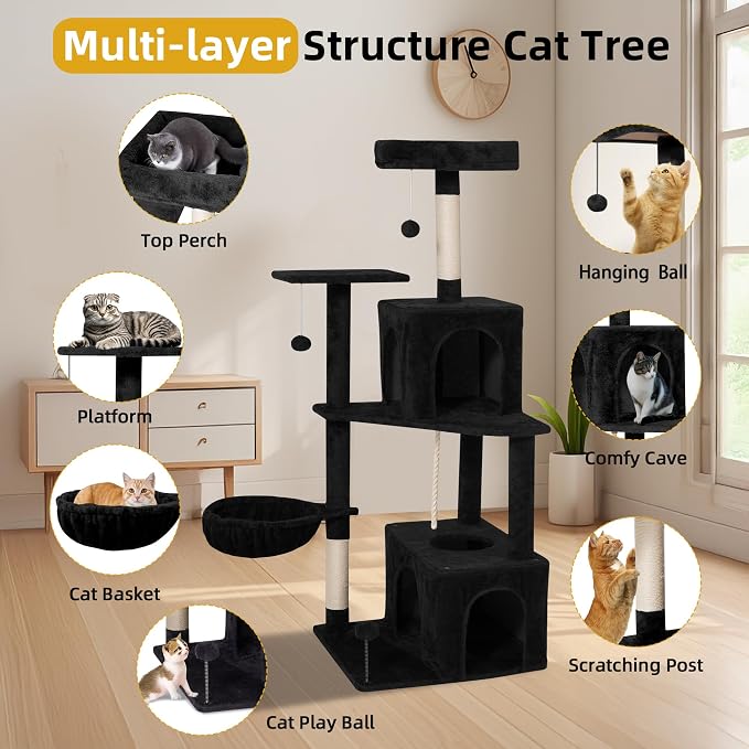 54inch Large Cat Tree Tower Condo with Hammock for Indoor Cats, Soft Plush Multi-Level Climbing Tree Cat House with Cat Cave, Scratching Post, Sisal Rope, Black - Image 5