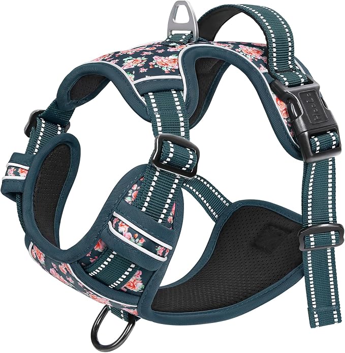 HEELE Dog Harness, Reflective, No Pull No Choke, Flower Blackish Green, M | Front Clip for Medium Dog Harness, 2 Metal Rings with Handle, Adjustable, Soft Breathable Padded Pet Vest for Night Walking - Image 6