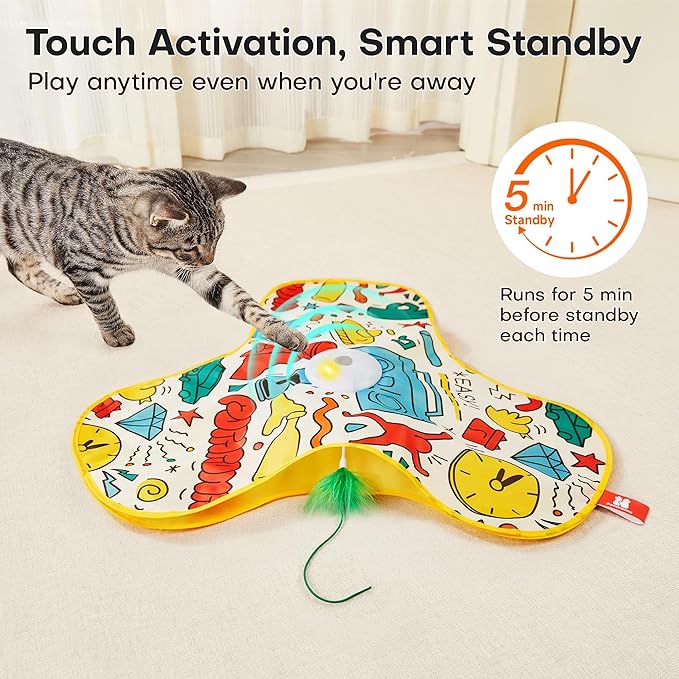 Potaroma Interactive Cat Feather Toys, Hide and Seek Moving Feather Wand | Rechargeable Touch Activated Indoor Kitten Exercise Kicker, Mouse Squeaky, Graffiti Cover - Image 4