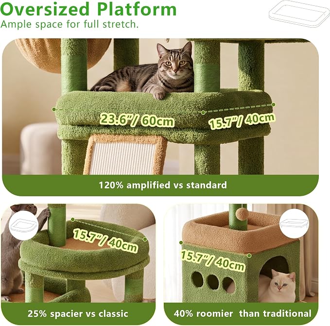 Heybly Cat Tree 72.4-Inch Anti-Tip Cat Tower with Spacious Perches HCT060GY | All-in-One Cat Furniture for Large Cats, Multiple Interactive Areas, Extra-Large Sisal Scratching Board, Green and Yellow - Image 2