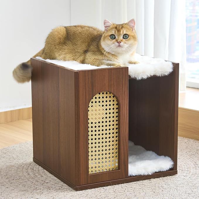 Wooden Indoor Cat House Suitable for Pets Under 66 Lbs, for Large Cats, Sturdy & Durable Semi-Enclosed Cat Bed Condo with Removable Washable Plush Cushion,Easy Video Assembly by Unknown