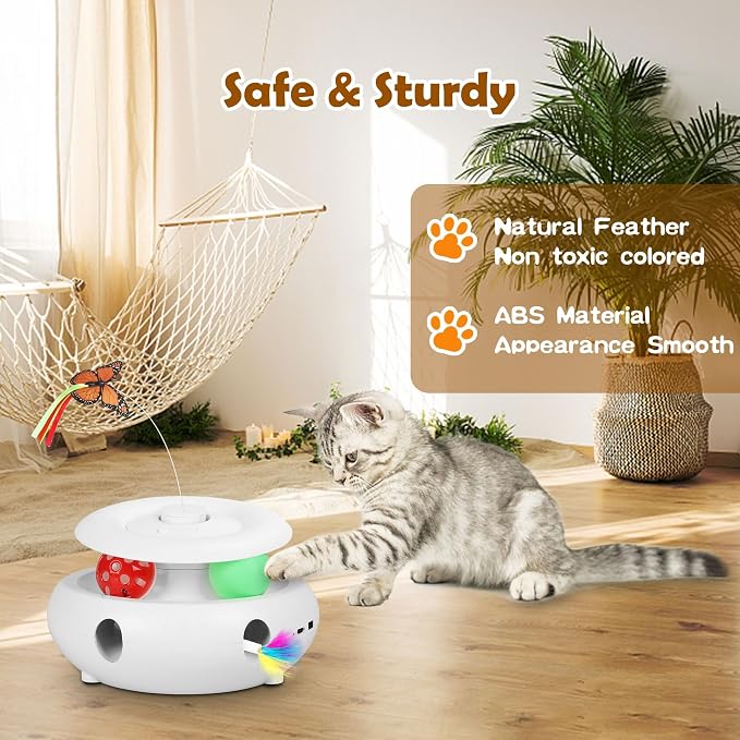 3-in-1 Interactive Cat Toy for Indoor Cats, White | Rechargeable Automatic, Fluttering Butterfly, Moving Feather, Smart Sensor 6 Holes Whack-A-Mole, Track Balls - Image 5