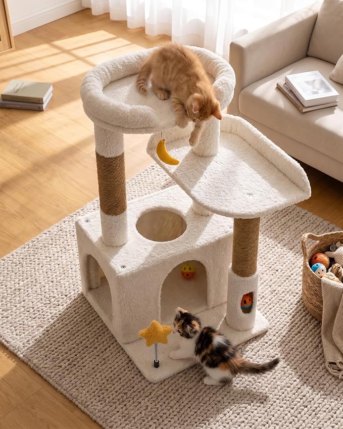 30" Kitten Cat Tower, Compact Beige Cat Tree with Condo & Perch | Plush Finish, Cozy Condo, Soft Top Perch, Sisal Scratching Post, Dangling Ball Toy, Anti-Tip Base, for Cats up to 15 lbs - Image 4