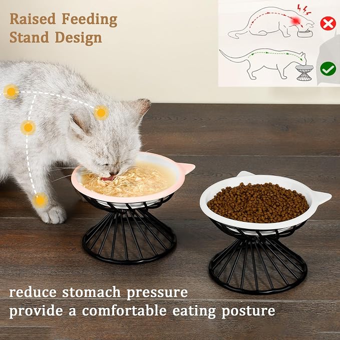 Elevated Cat Bowls,6.3" Wide Raised Ceramic Cat Food Bowl with Anti-Slip Metal Stand for Indoor Cats,Whisker Friendly,Protect Pet's Spine Pet Food Dishes for Flat Faced Cats and Kitten (Pink) - Image 2