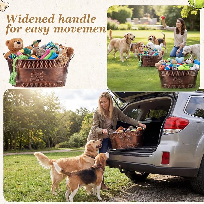 Zonon Metal Dog Toy Storage Bin with Handles 21 Quart Vintage Decorative Basket for Dog Ropes Food Living Room Decor, Galvanized Steel Pet Toy Organizer, 18x11.5x7.5 Inch(Chewing Stick) - Image 5
