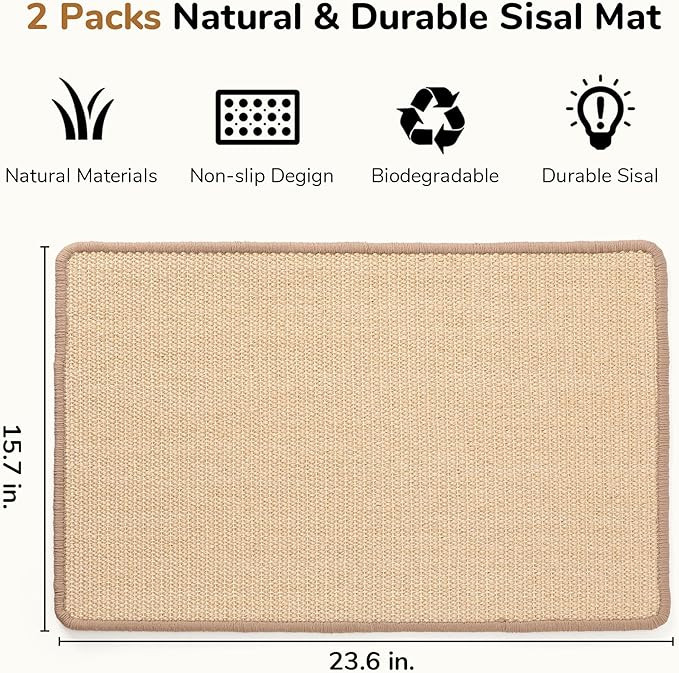 FUKUMARU 2 Packs Cat Scratching Mat, 23.6 x 15.7 Inch Cat Scratcher Pad | Natural Sisal Cat Scratch Mat for Indoor Cats, Horizontal Cat Wall Scratcher Floor Rug with Sticky Tapes, Furniture Protector - Image 2
