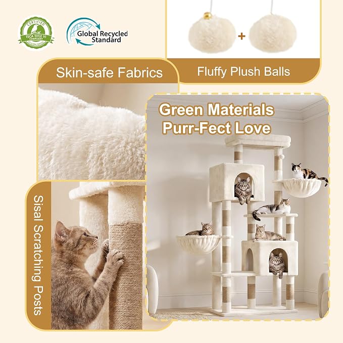 Heybly 68.1" Cat Tree with Oversized Top Platform & Wide Base HCT059MJ | Heavy Duty Cat Tower for Large Indoor Cats with 2 Condos, 2 Hammocks, 10 Sisal Scratching Posts, Stable Cat House, Beige - Image 8