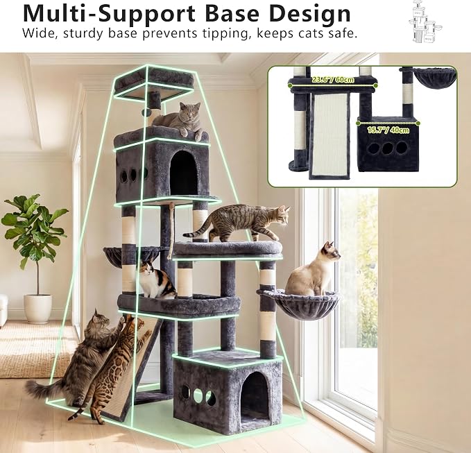Heybly Cat Tree 72.4-Inch Anti-Tip Cat Tower with Spacious Perches HCT060G | All-in-One Cat Furniture for Large Cats, Multiple Interactive Areas, Extra-Large Sisal Scratching Board, Smoky Gray - Image 2
