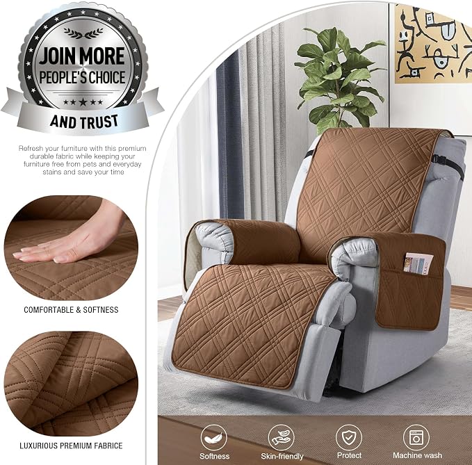 TAOCOCO 100% Waterproof Recliner Chair Cover, Small Recliner Covers for Recliner Chair with Pocket, Non Slip Reclining Chair Cover Furniture Protector for Kids, Dogs(20'', Brown) - Image 2