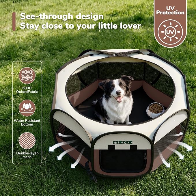 Dog Cat Small Animal Puppy Playpen Crate, Large, Brown | Portable Pop Up Pet Cage Enclosure Tent Kennel Indoor Outdoor with Carrying Case, No Assembly, Camping Use - Image 6